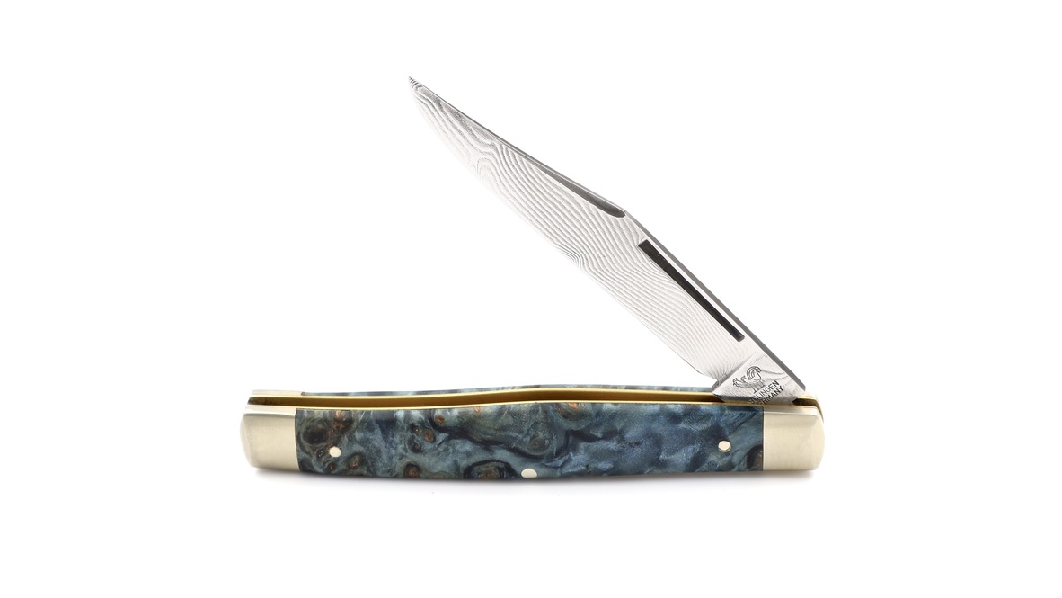 Robert Klaas Stockman knife poplar burl wood blue damascus