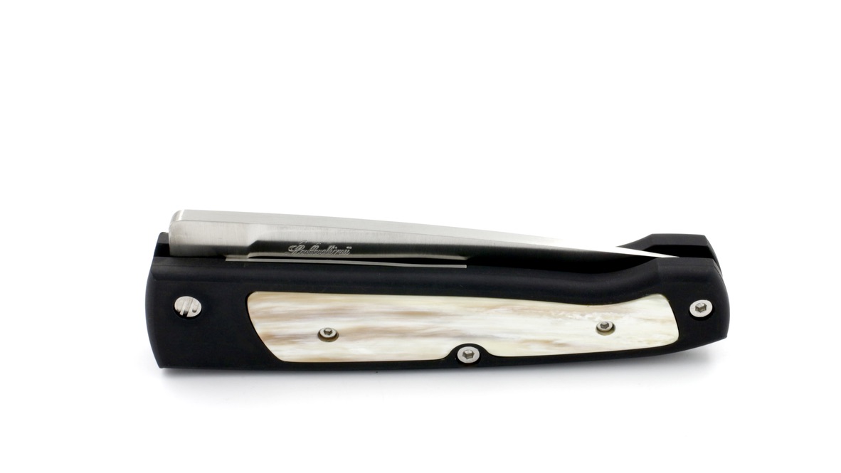 Saladini knife bushcraft pocket knife anidized aluminium and horntip inlay