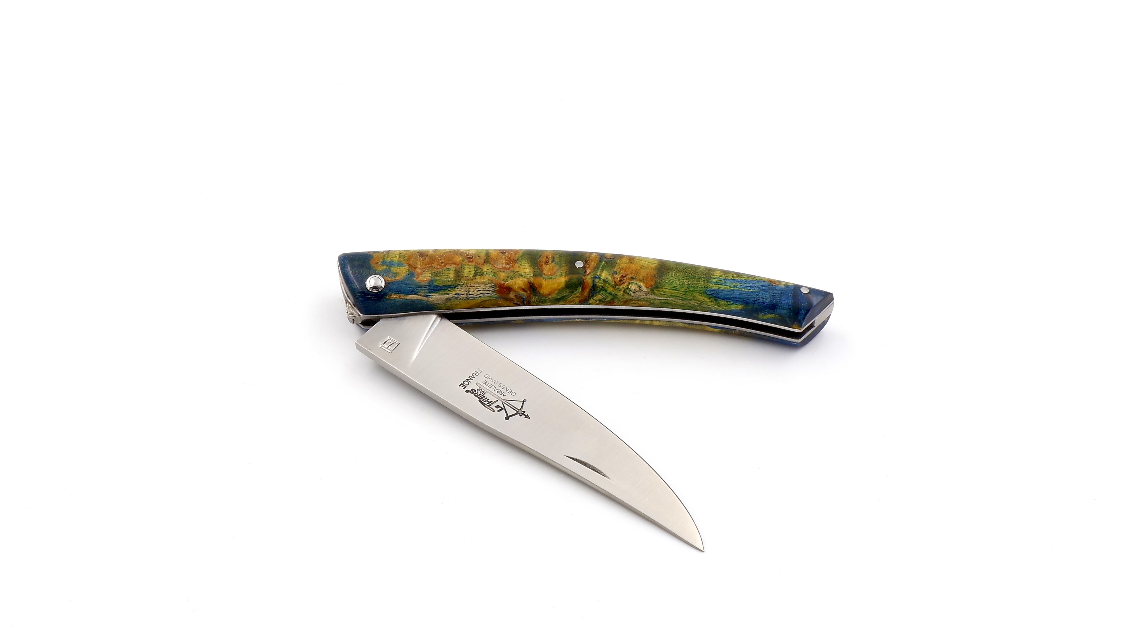 ARBALETE G. David  Thiers knife blue stabilized birch burlwood