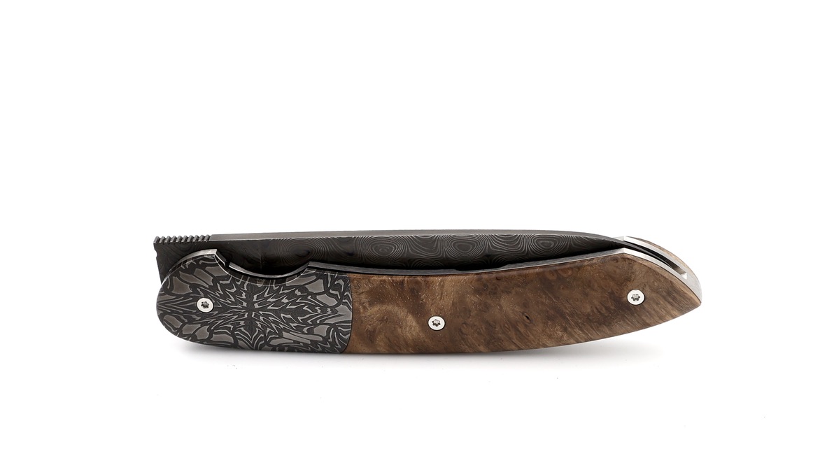 Benjamin Hée Liner-Lock knife walnut burl wood Achim Wirtz damascus 12 cm 