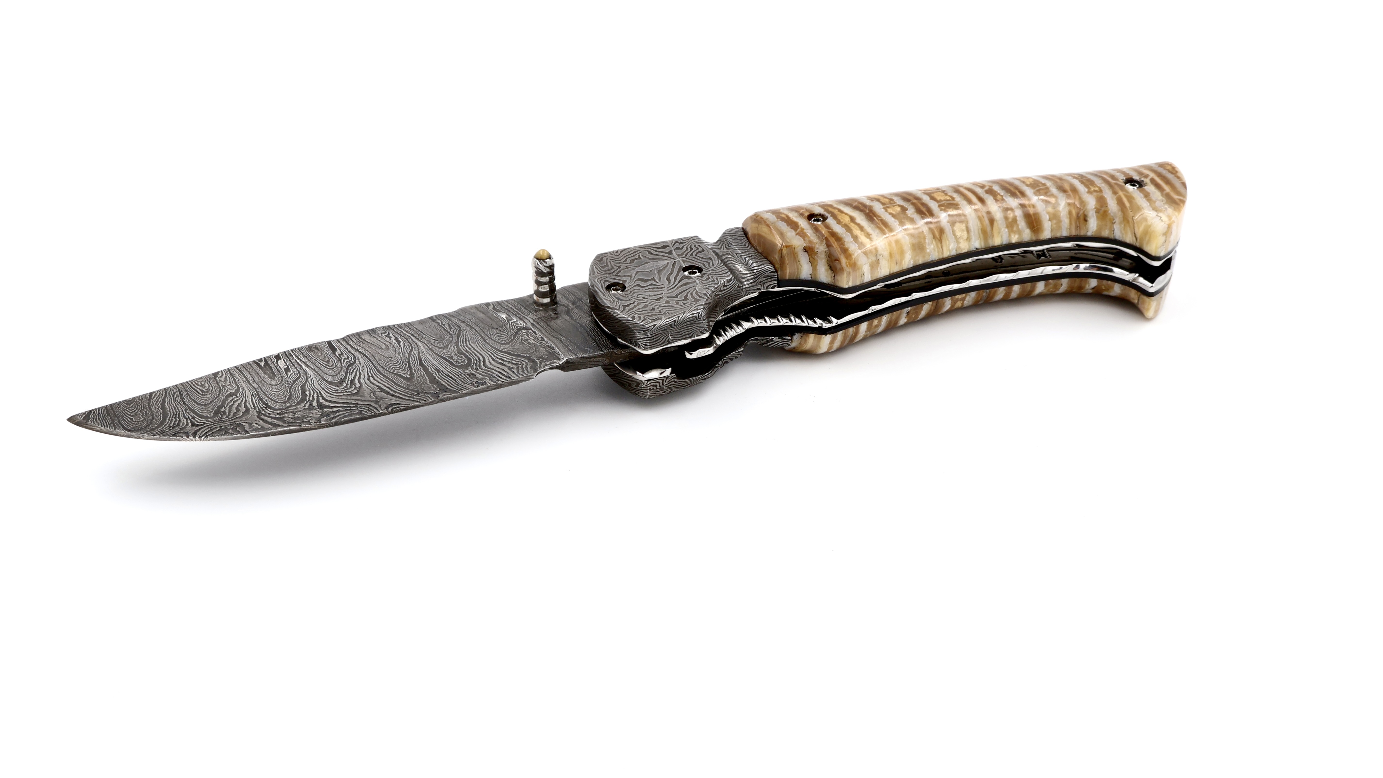 Oliver Moretti linerlock knife damascus mammoth tusk Oliver Moretti linerlock knife damascus mammoth tusk