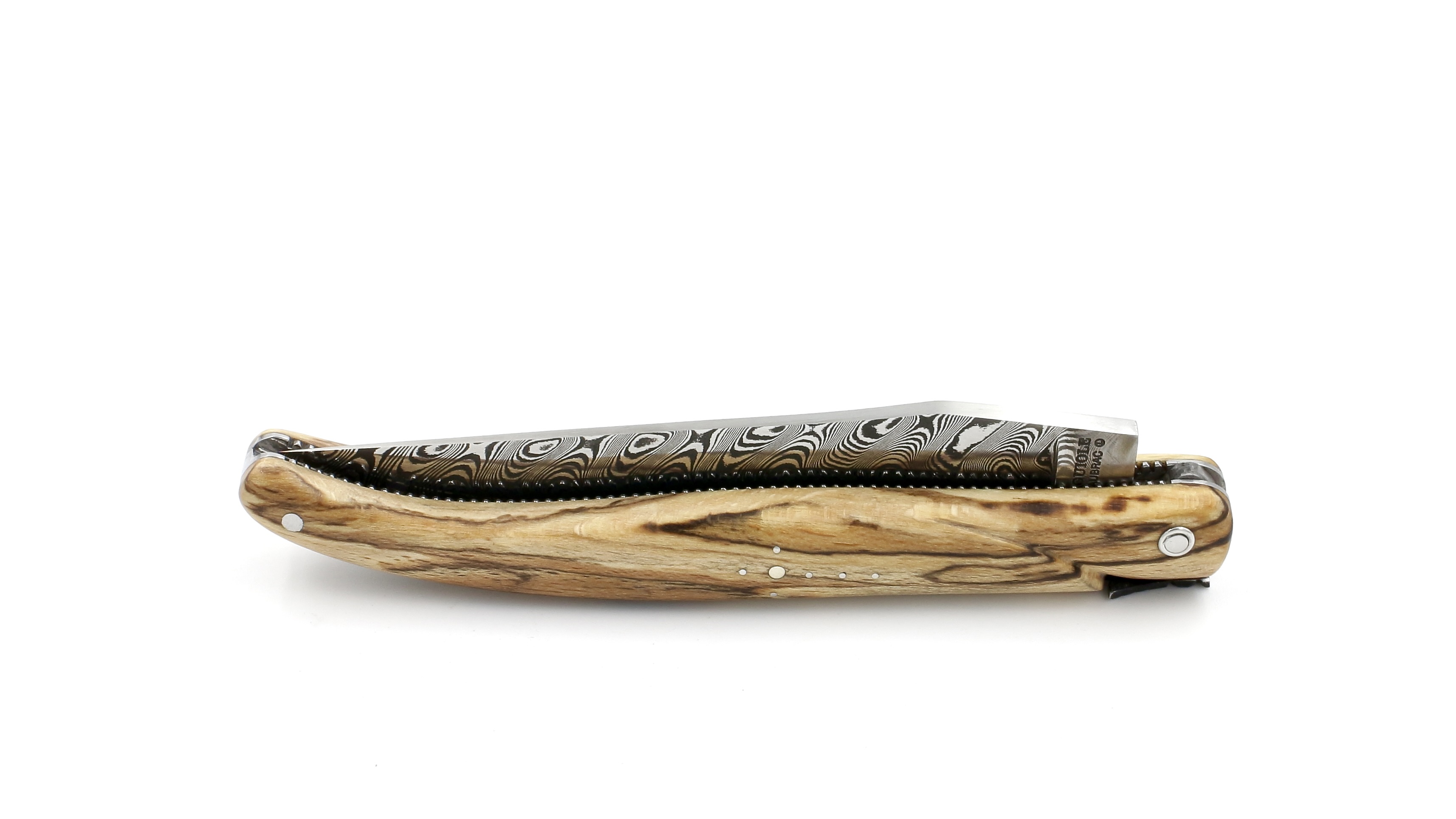 Laguiole en Aubrac Modell Perle DSC® Carbon Damast Aubrac Holz guillochiert massiver Griff 12 cm