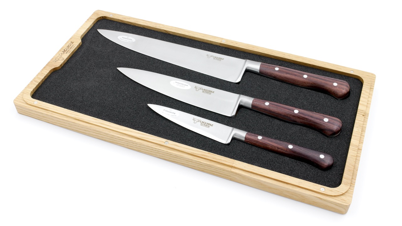 Laguiole en Aubrac Palisander wood Set of 3 kitchen knives 10 cm 15 cm 20 cm