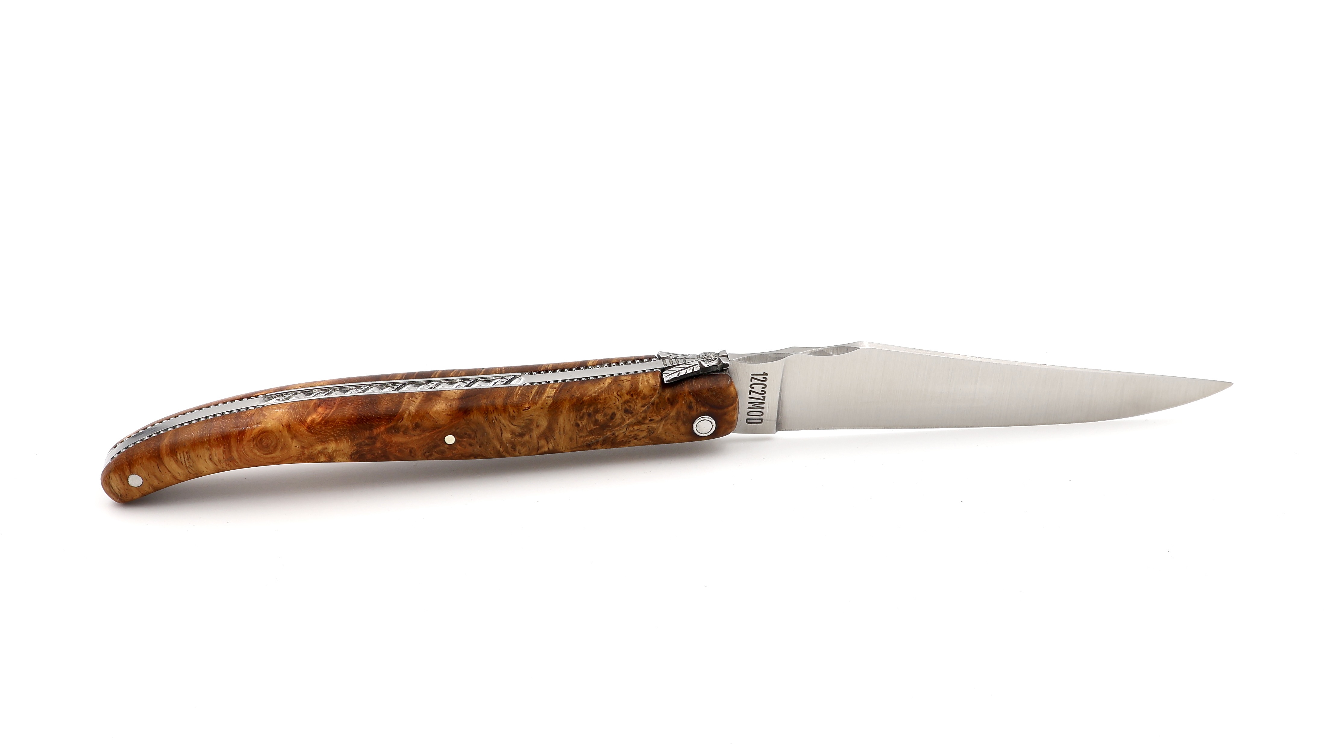 Laguiole en Aubrac Meisterstück Perle Gold Amboina Wurzelholz guillochiert massiver Griff 12 cm