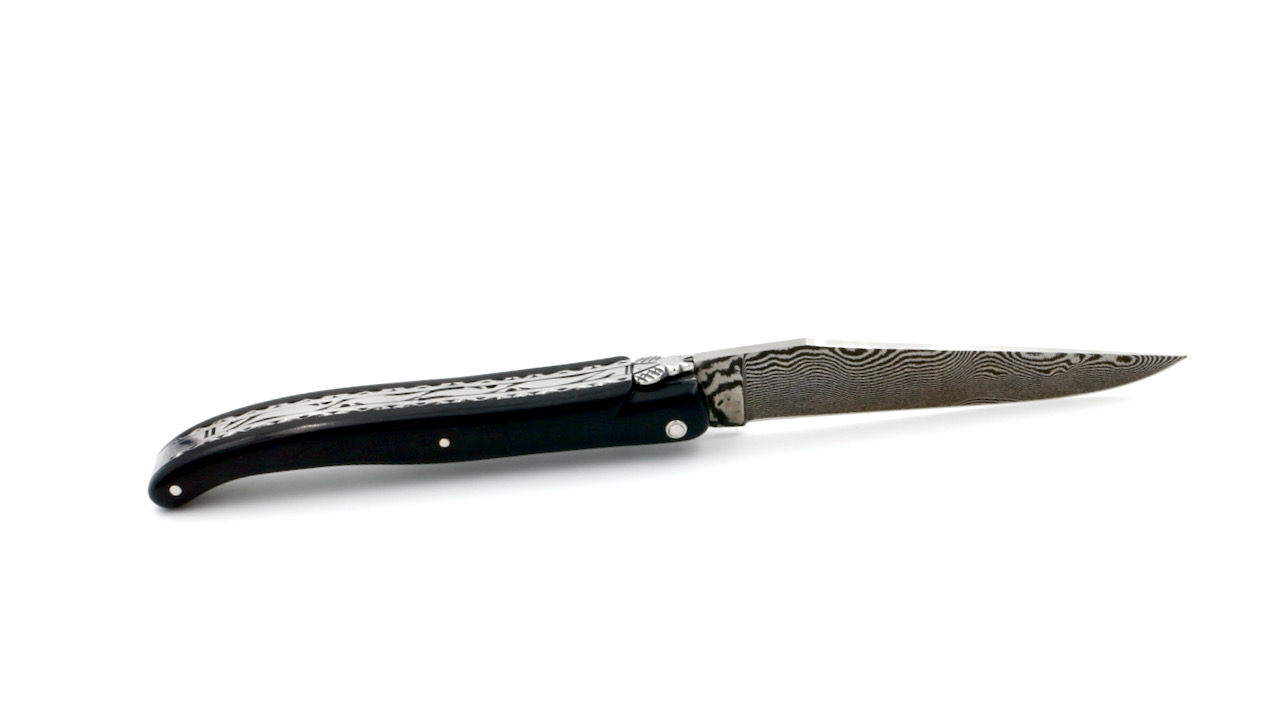 Laguiole en Aubrac damascus ebony full handle with double plates 12 cm shiny