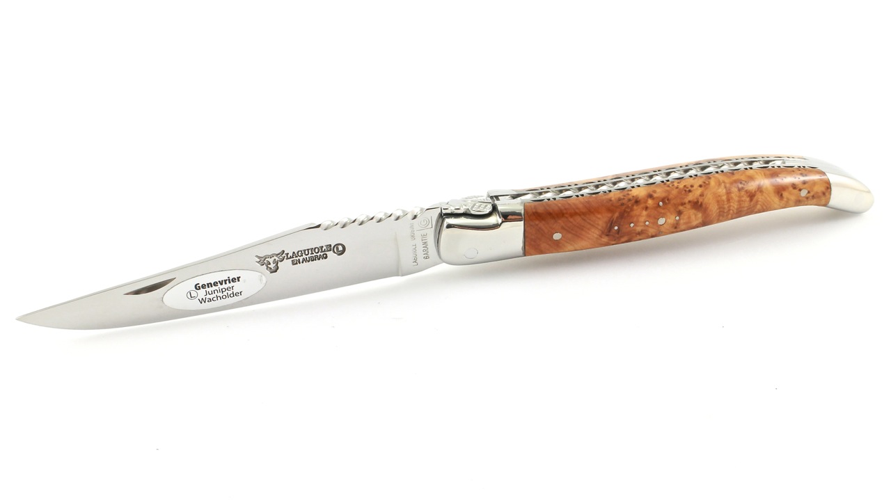 Wacholder-Spiralfeder-poliert-5 Laguiole en Aubrac double plate knife Spiral spring Juniper shiny 12 cm