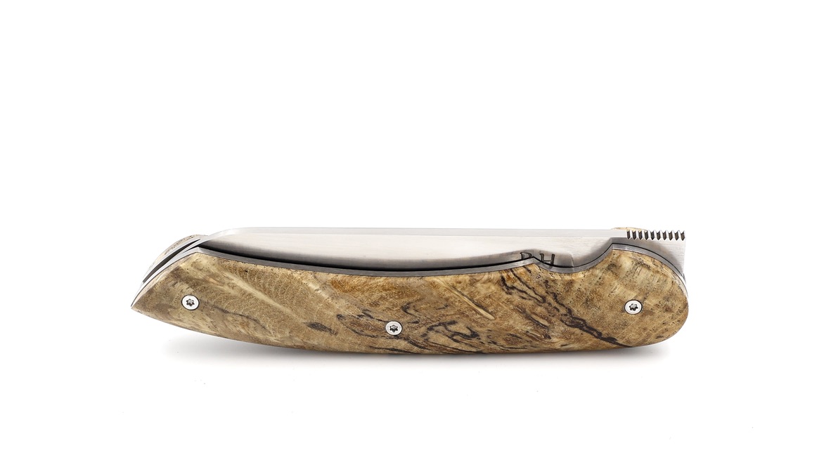 Benjamin Hée Liner-Lock knife stabilised ash burl 12 cm 