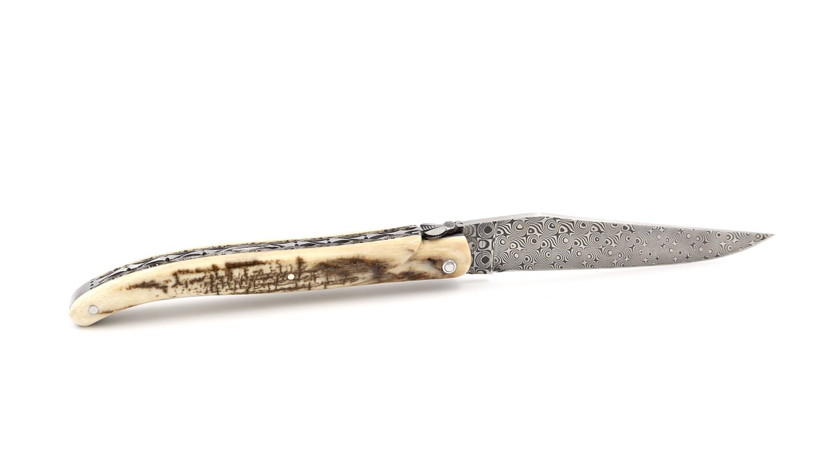 Laguiole en Aubrac damascus mammoth croute full handle with double plates 12 cm shiny