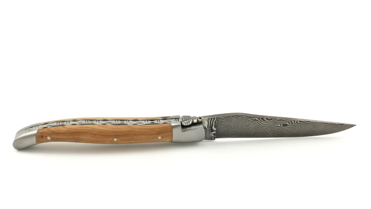 Laguiole en Aubrac  DSC® Carbon Damast Wacholder matt guillochierte Platine 12 cm