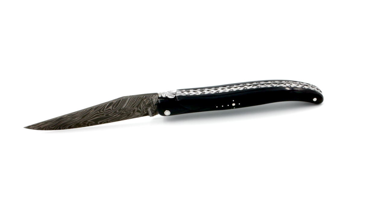 Laguiole en Aubrac Explosionsdamast Spiralfeder Büffelhorn massiv Doppelplatine 12 cm