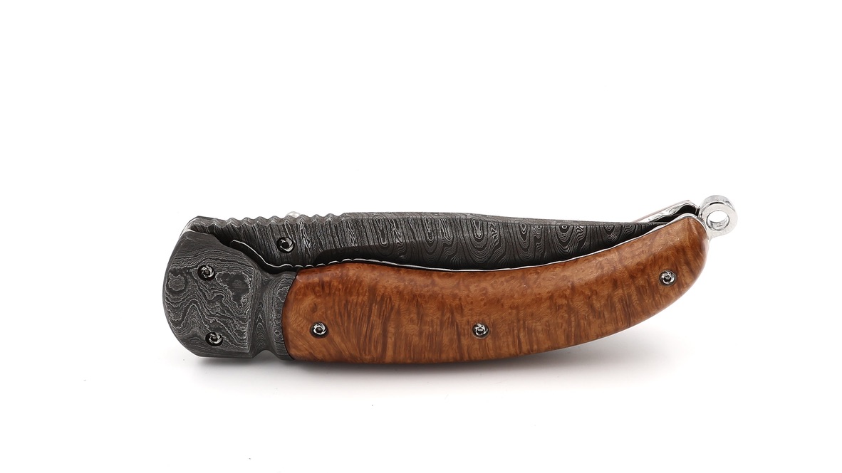 Olivier Moretti Linerlock Taschenmesser Bruyére-Wurzelholz Damastklinge 