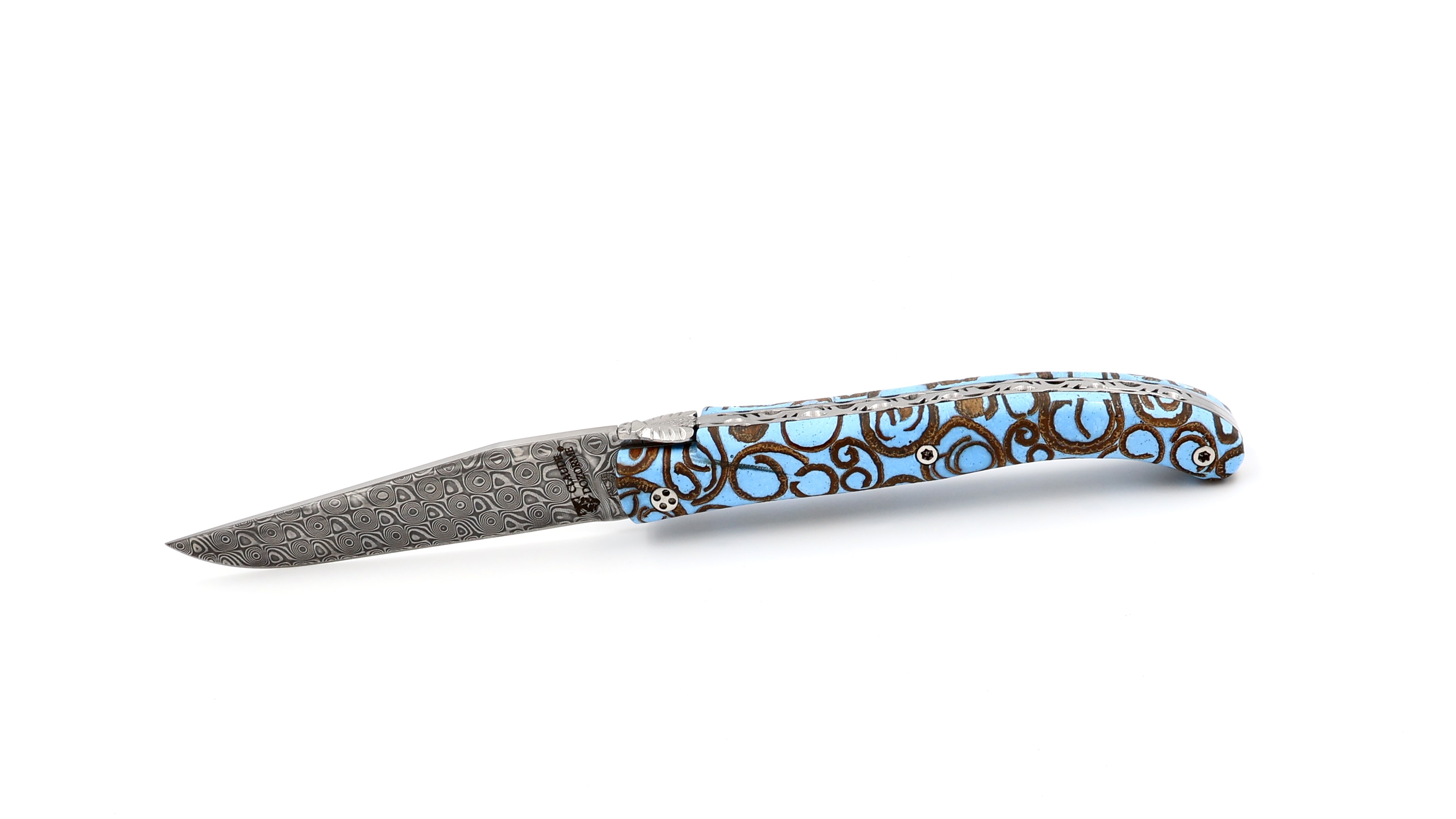 Claude DOZORME Laguiole Messer L'Atelier Canella hellblau 12 cm Damastklinge  