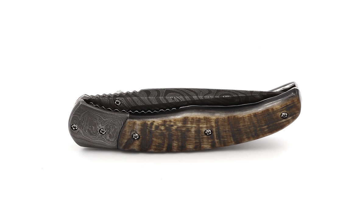 Olivier Moretti  Linerlock Taschenmesser Widderhorn Damastklinge  