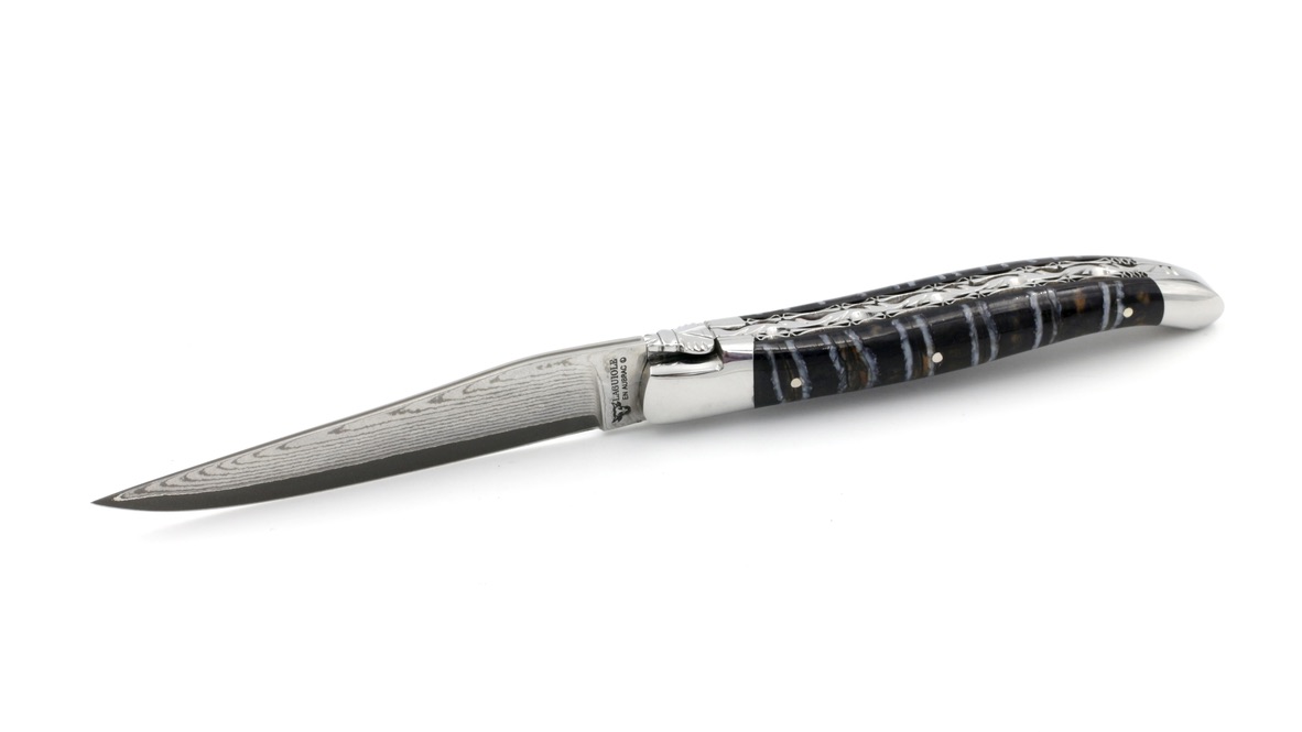 Laguiole en Aubrac double plate knife jap. damascus Mammoth molar blue 12 cm