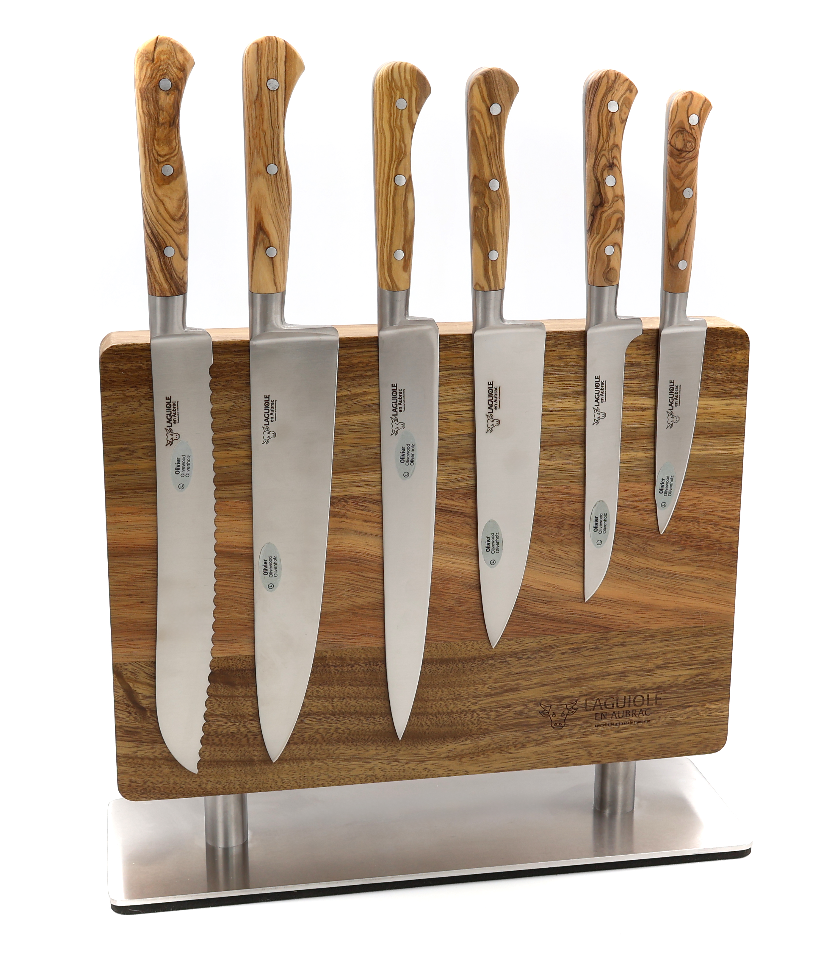 Laguiole en Aubrac Olive wood Set of 6 kitchen knives with magnetic acacia block