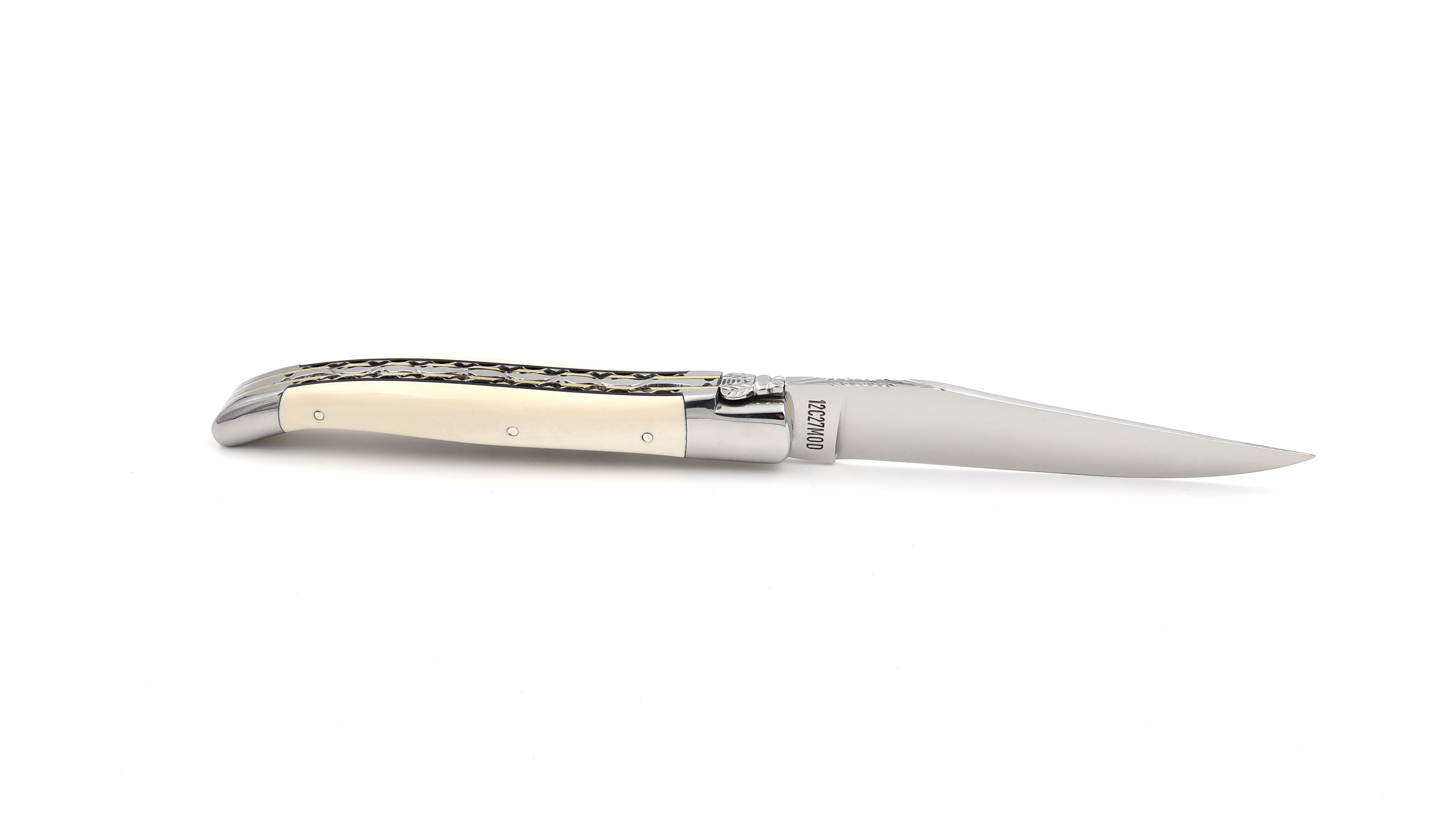 Laguiole en Aubrac double plate knife Mammoth ivory with brass plates 12 cm