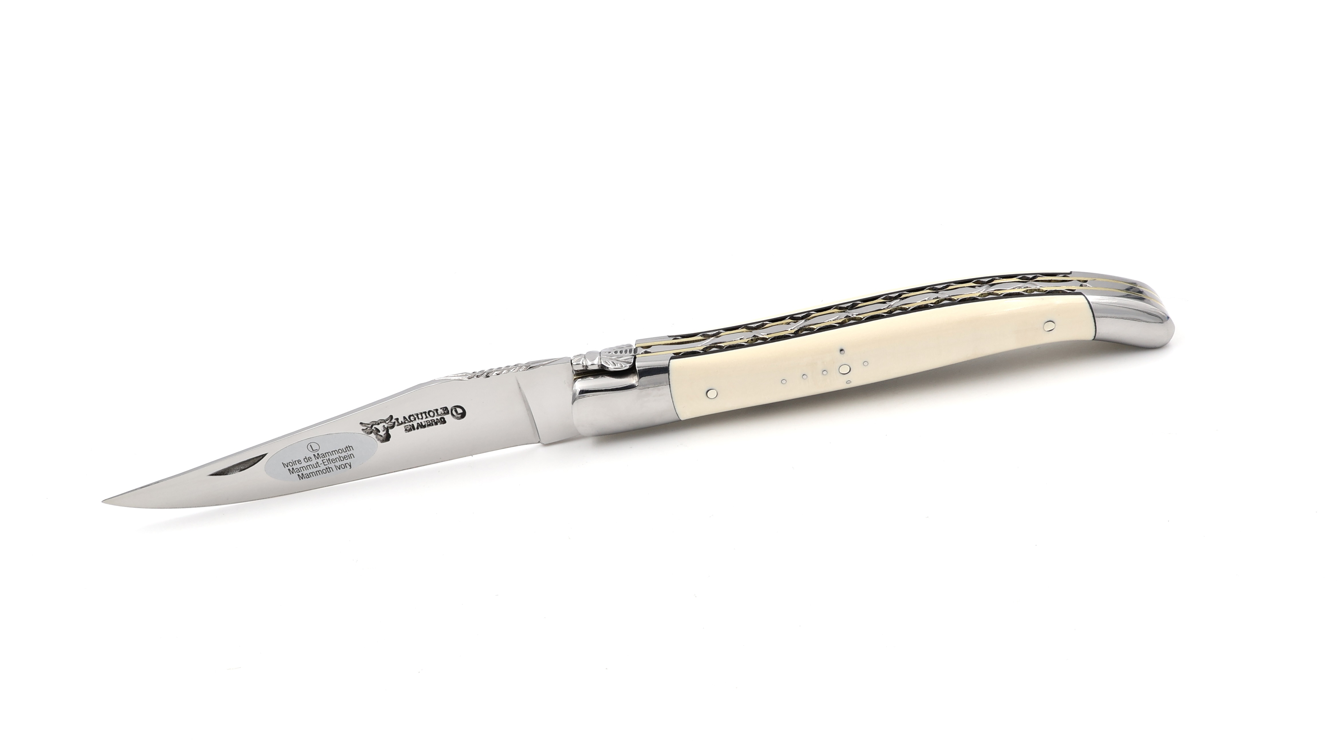 Laguiole en Aubrac double plate knife Mammoth ivory with brass plates 12 cm
