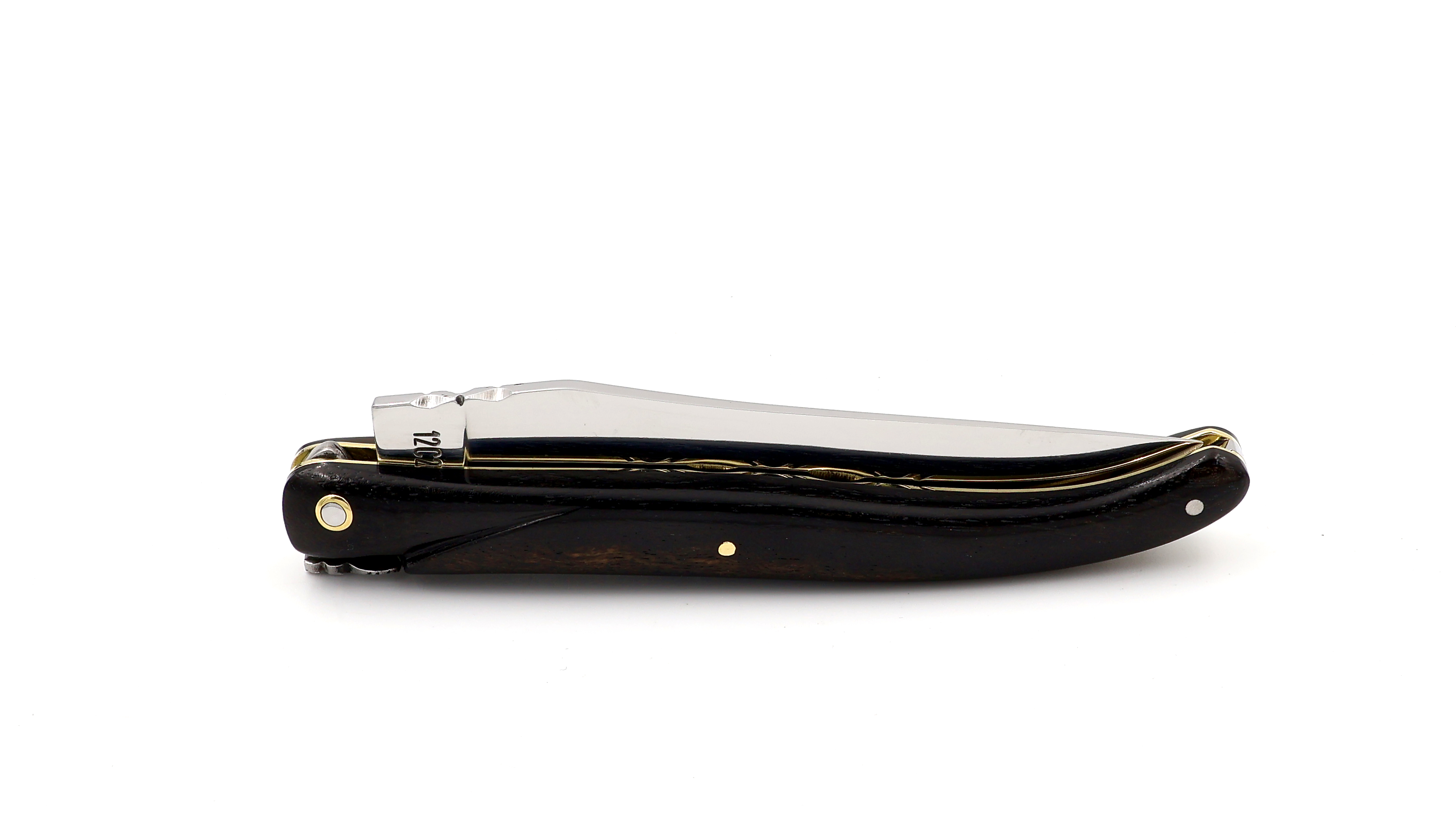 Laguiole en Aubrac Ebony full handle chiseled brass plates 12 cm