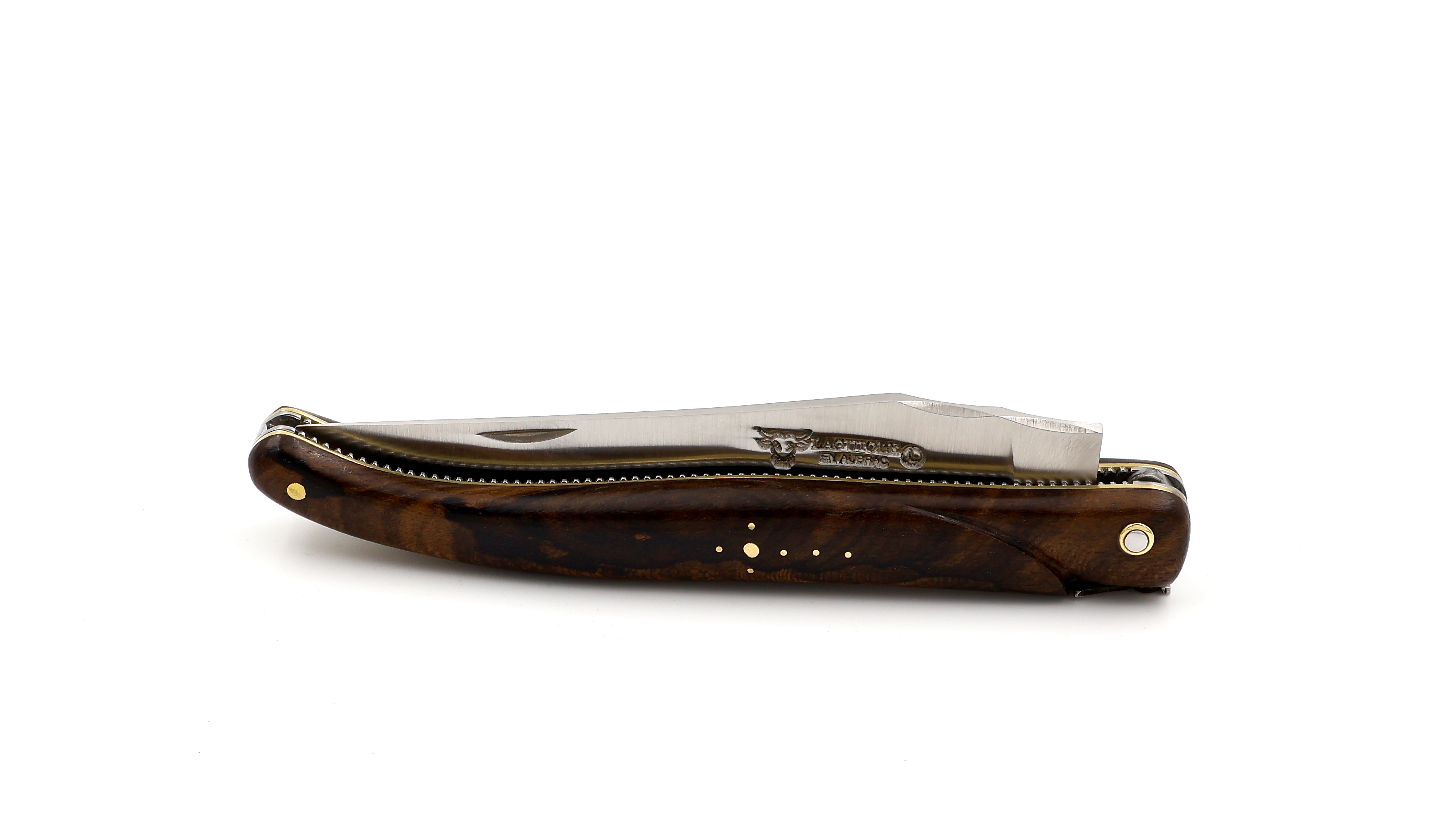 Laguiole en Aubrac "Pearl" full handle doubel plates bi-color walnut burlwood 12 cm
