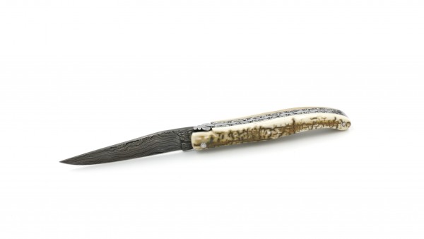 Laguiole en Aubrac double plate knife damascus full handle Mammoth ivory crust 12 cm