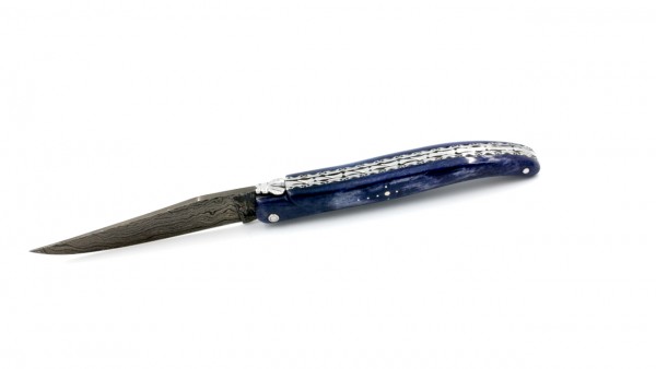 Laguiole en Aubrac doubleplate knife full handle blue camelbone horn12 cm damascus