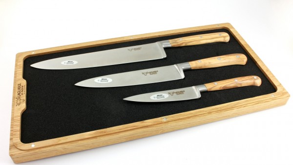Laguiole en Aubrac Olive wood Set of 3 kitchen knives 10 cm 15 cm 20 cm