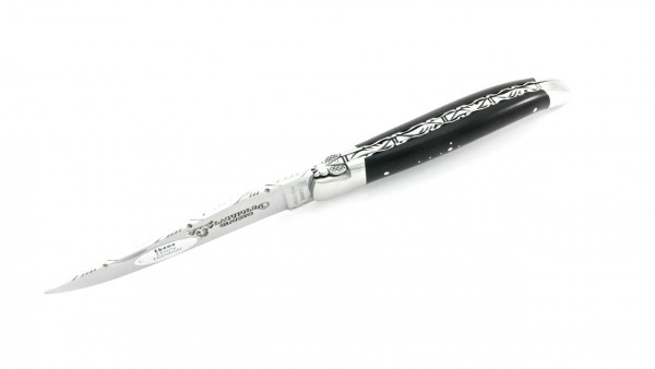 Laguiole en Aubrac Ebony with brass bolsters chiseled brass plates and blade 12 cm